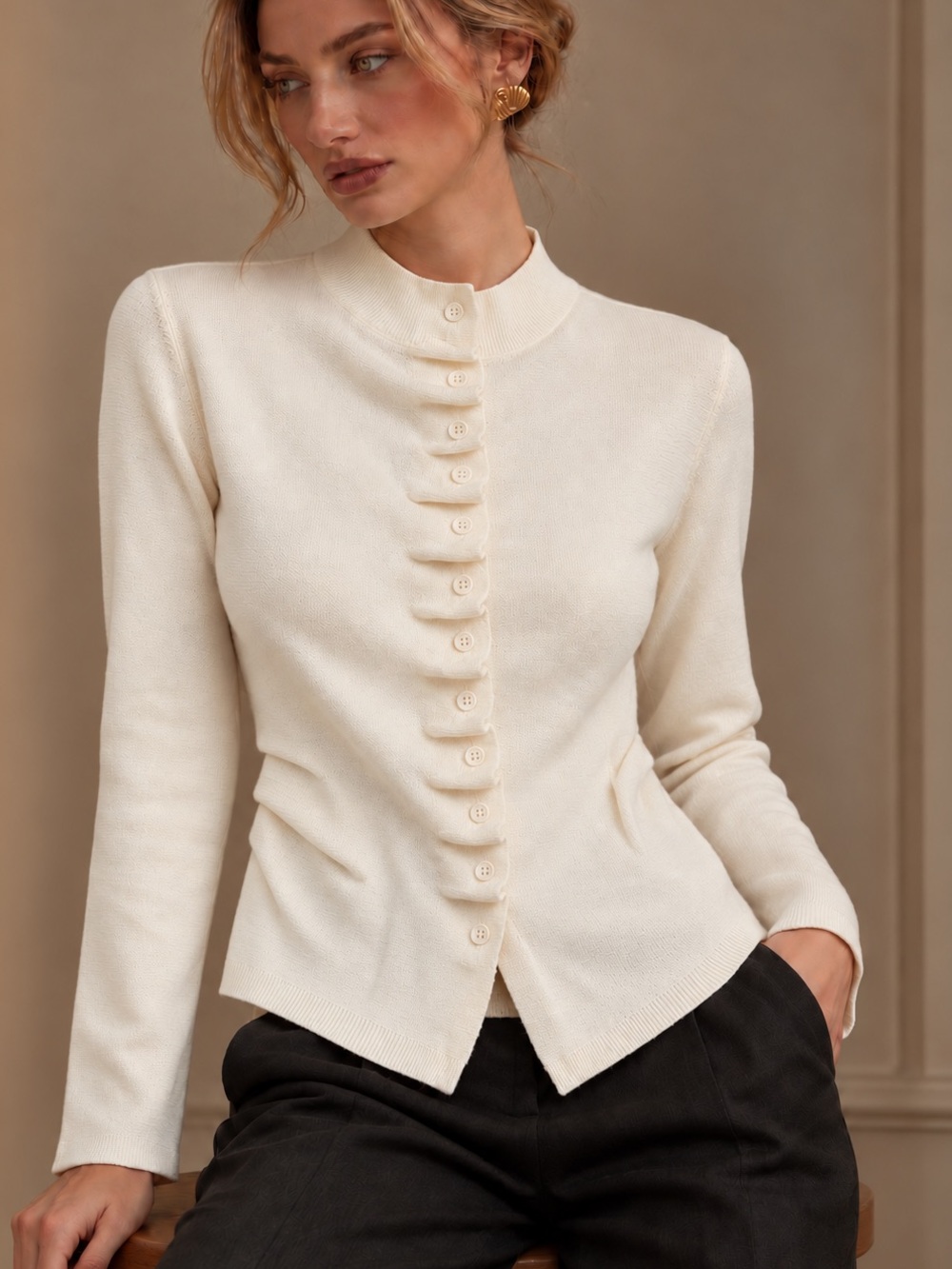 The PIVT Edit Cream Ruched Button Front Knit Cardigan | Size M | NWT
